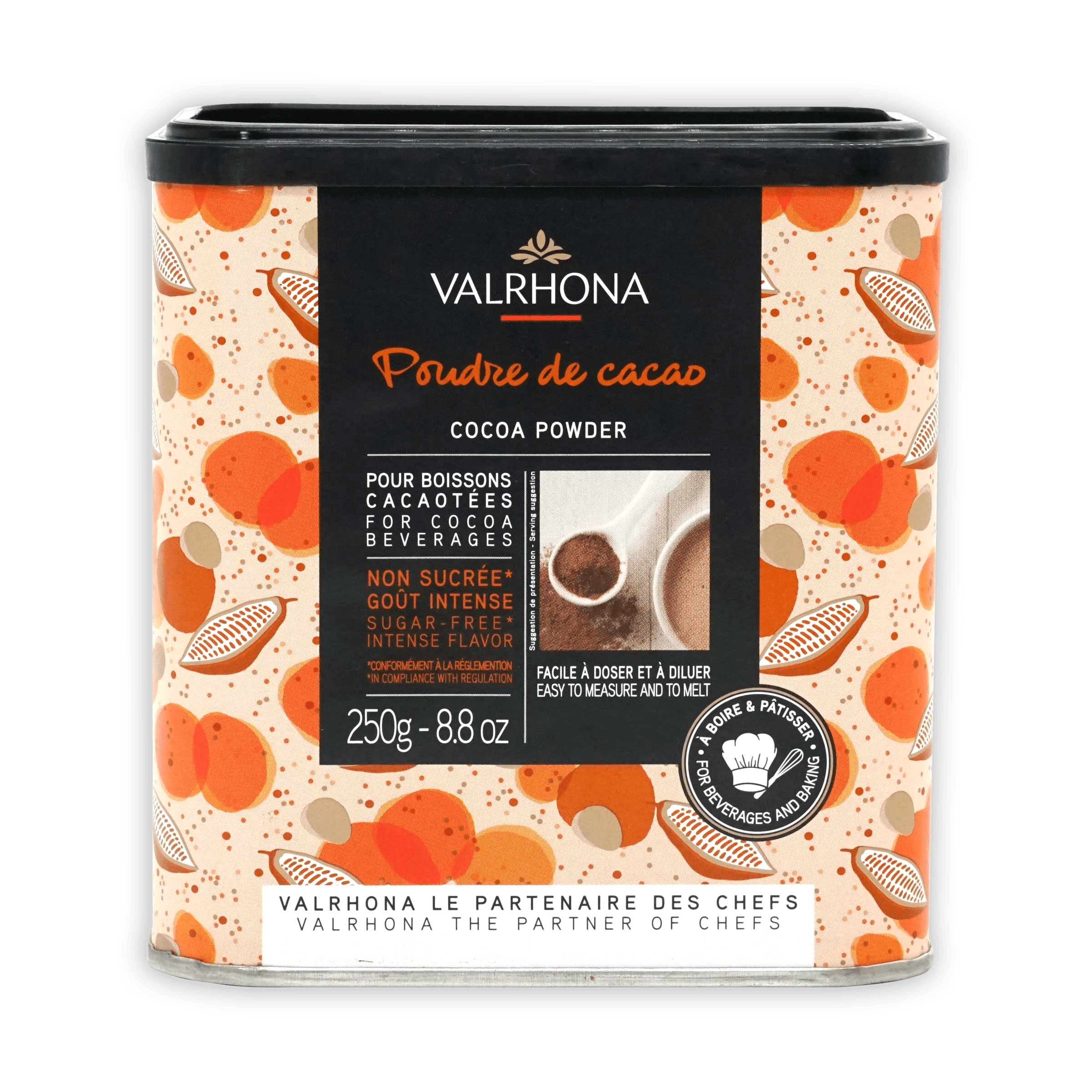 Valrhona Cocoa Powder 100% in orange beige patterned tin
