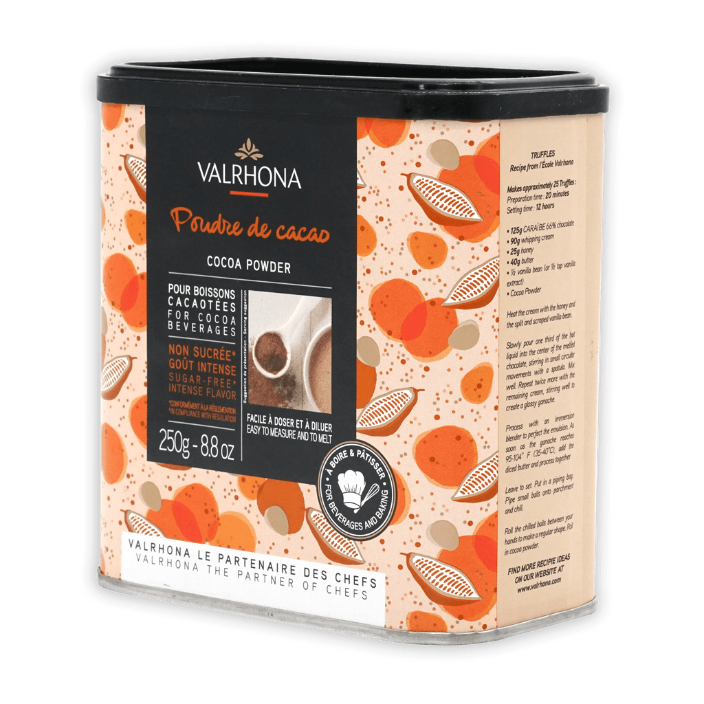 Valrhona 100% cocoa powder in orange-beige tin with cacao pod label