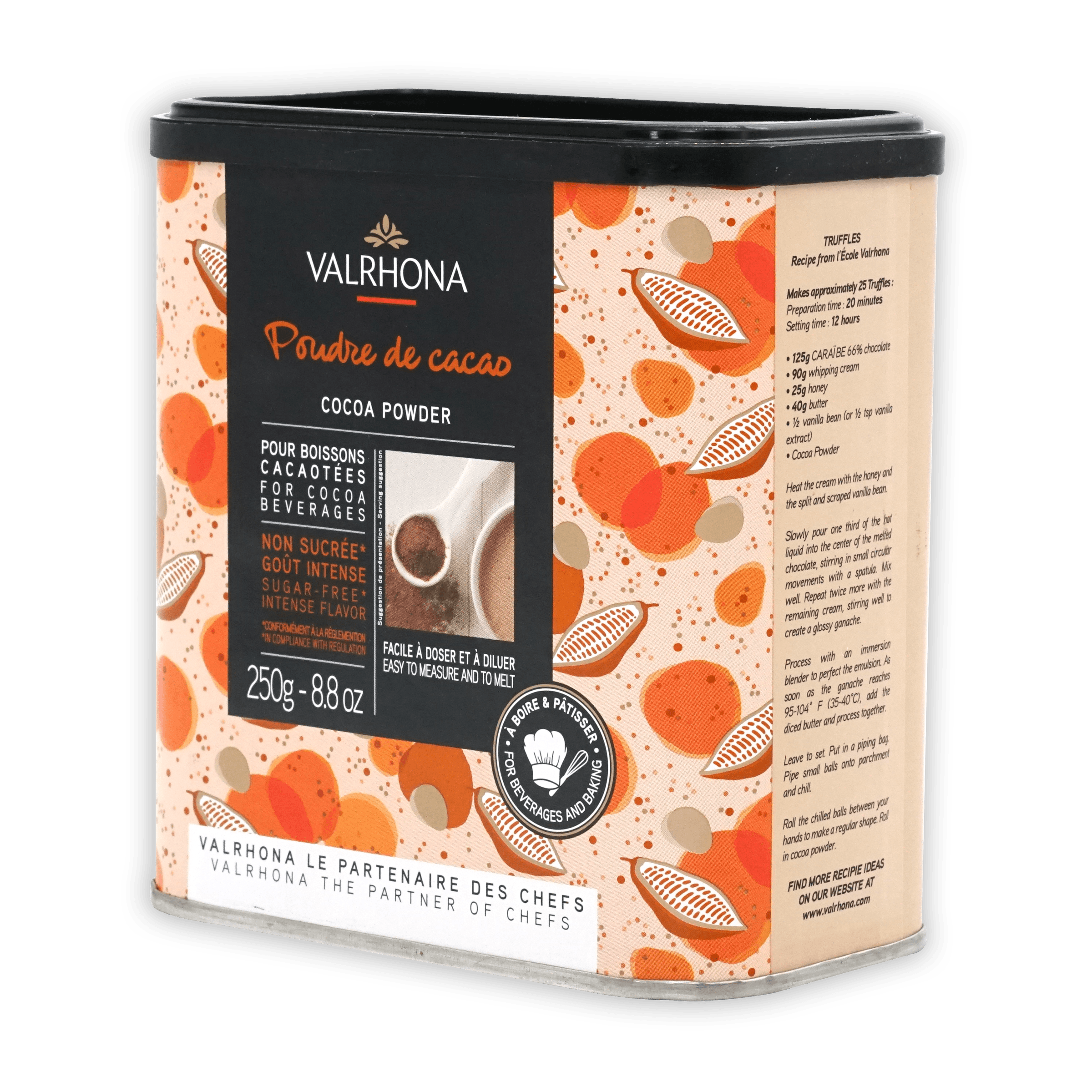 Valrhona 100% cocoa powder in orange-beige tin with cacao pod label