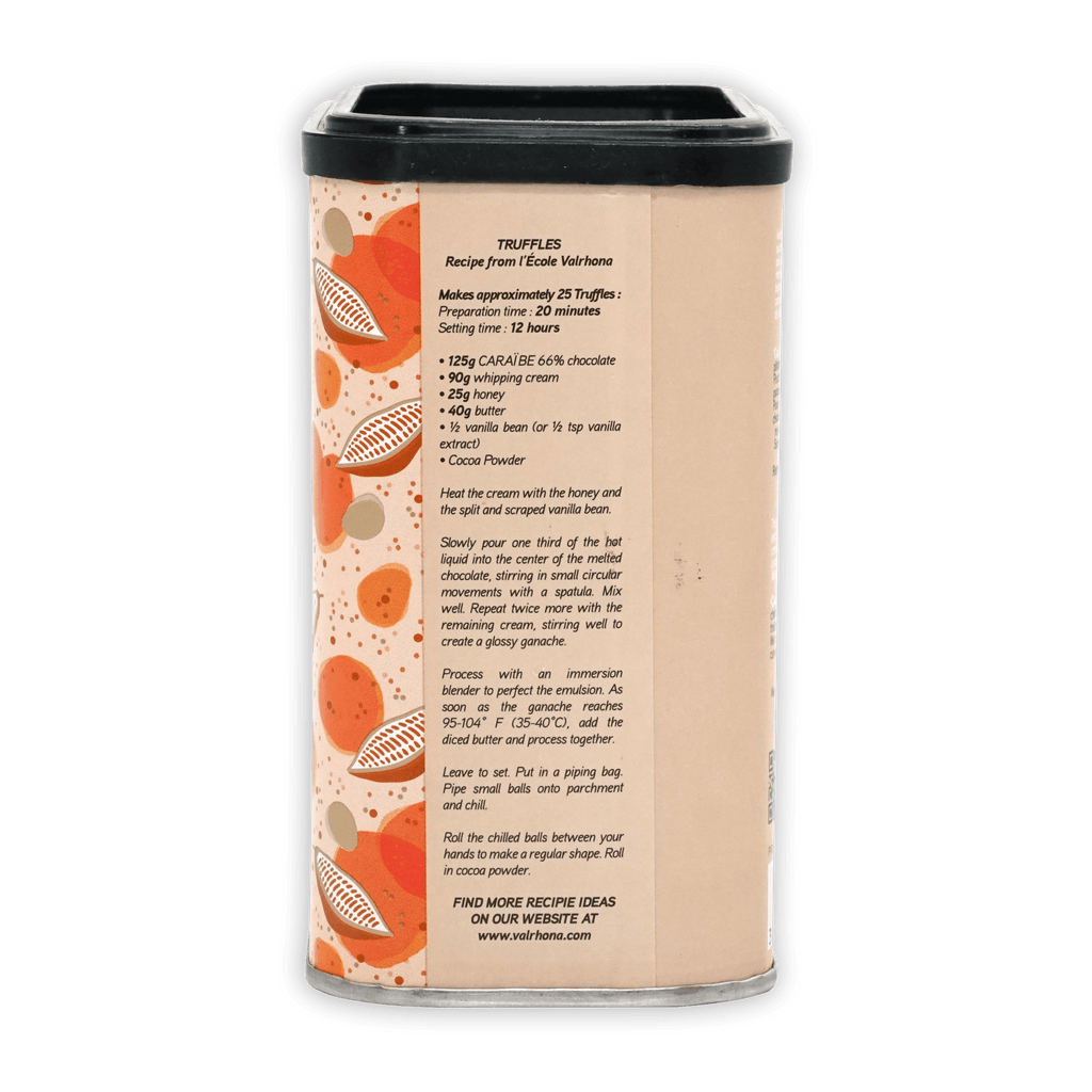 Valrhona 100% cocoa powder tin back with truffle recipe and botanical pattern
