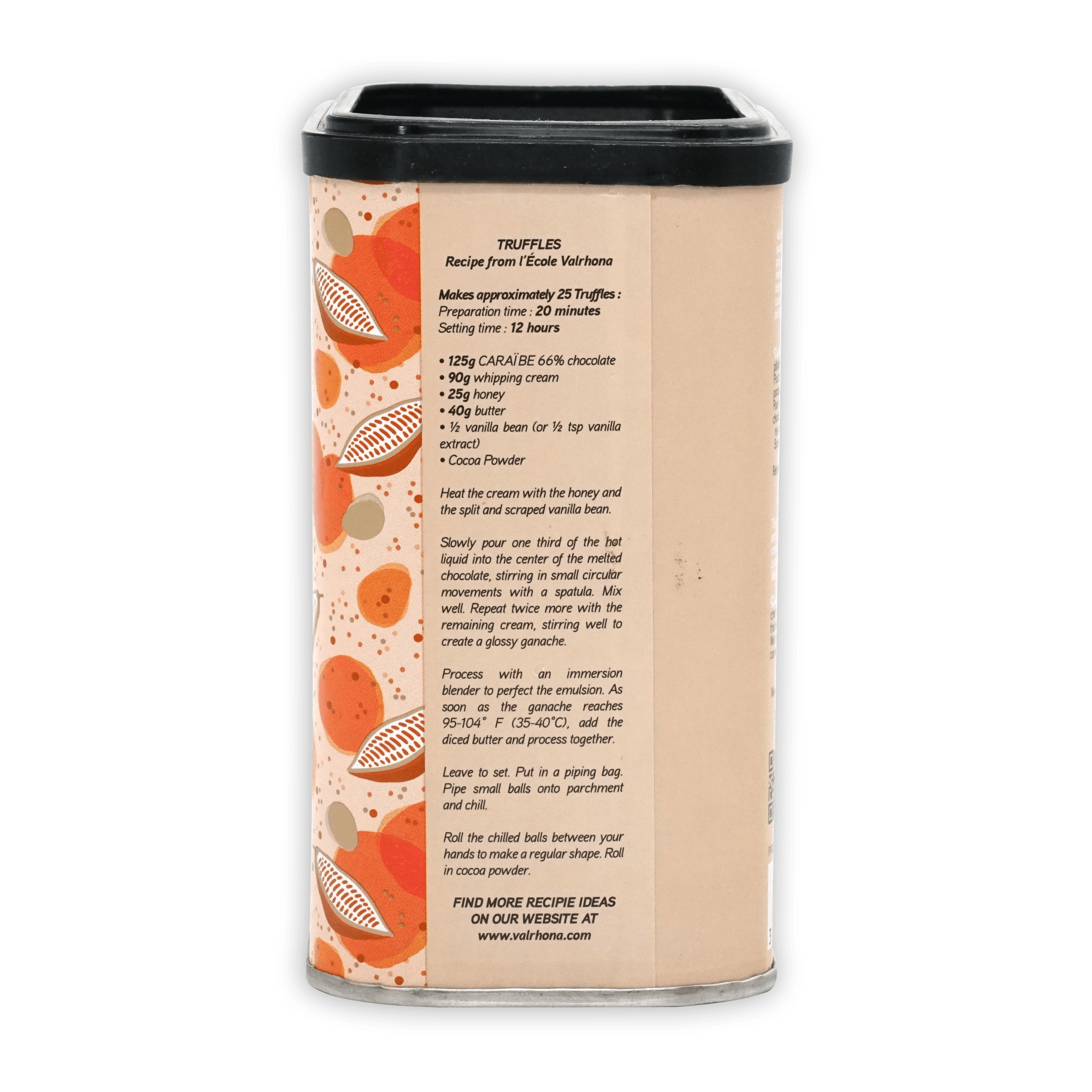 Valrhona 100% cocoa powder tin back with truffle recipe and botanical pattern