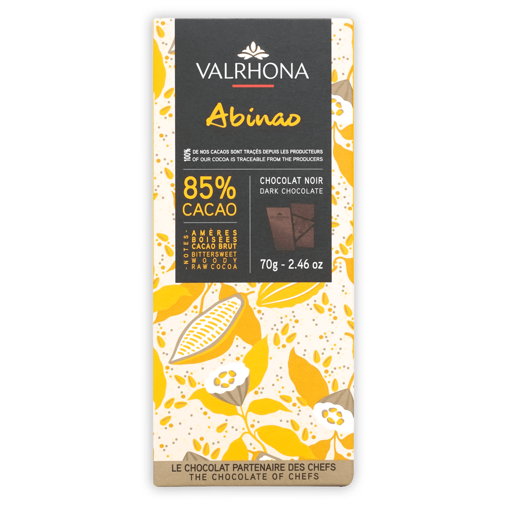 Valrhona Grand Cru Abinao 85% dark chocolate bar in yellow foil