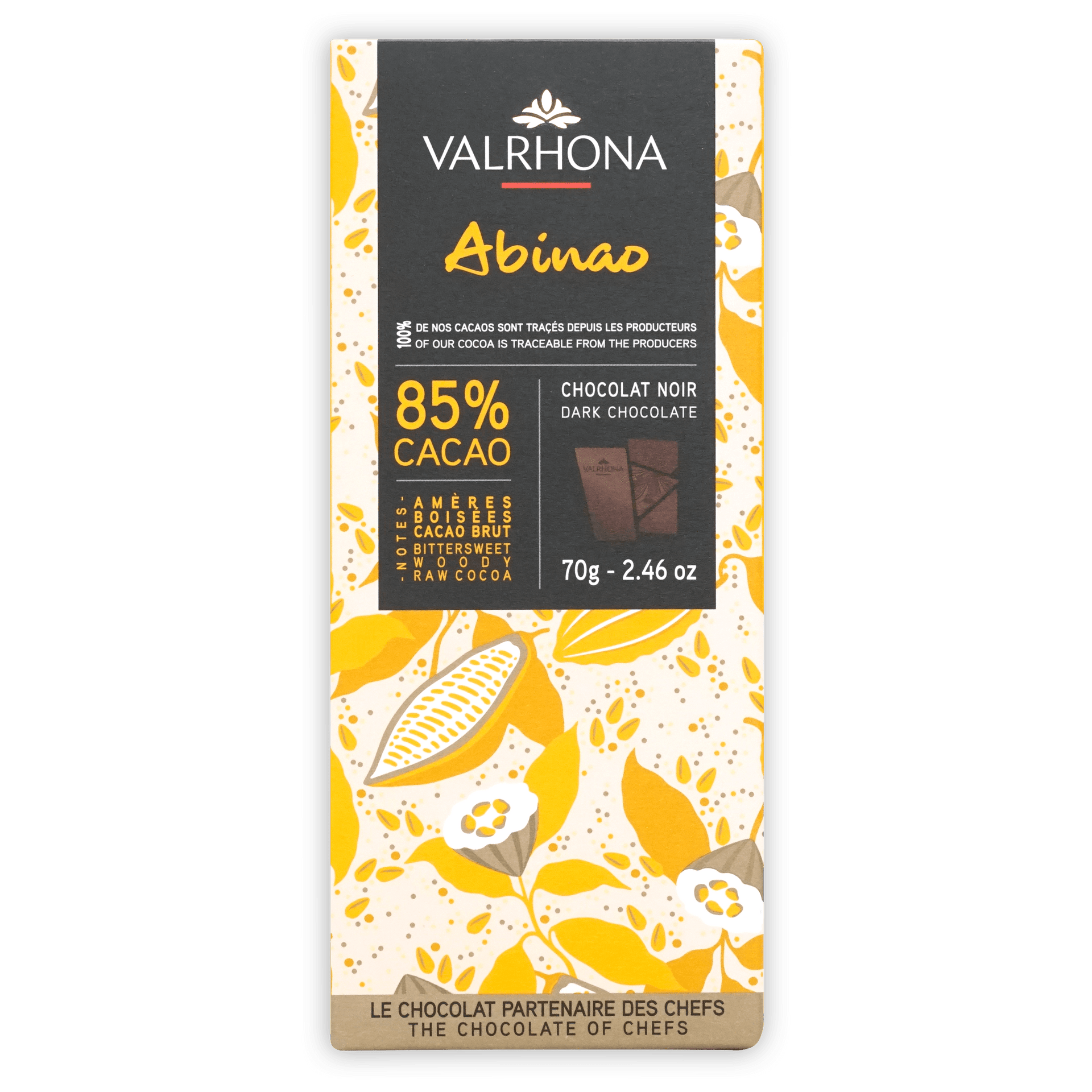 Valrhona Grand Cru Abinao 85% dark chocolate bar in yellow foil
