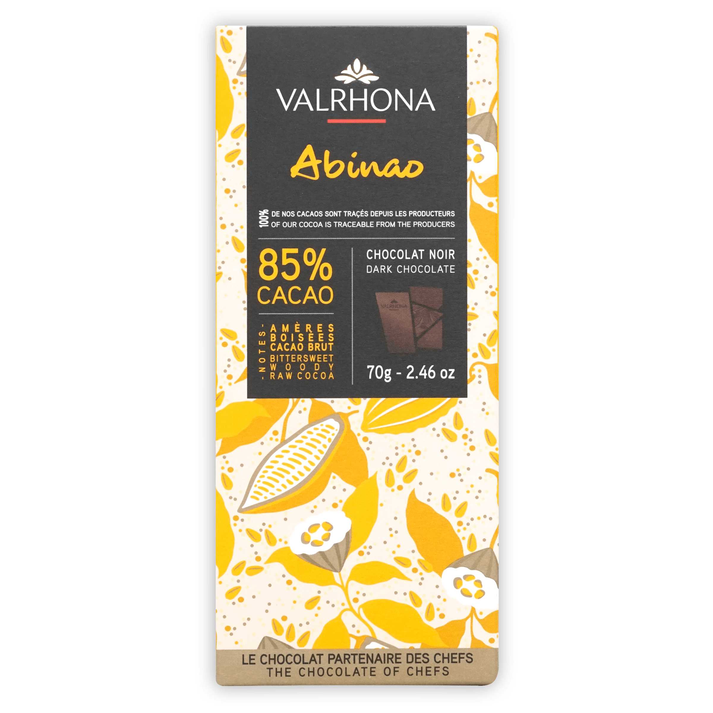 Valrhona Grand Cru Abinao 85% dark chocolate bar in yellow foil