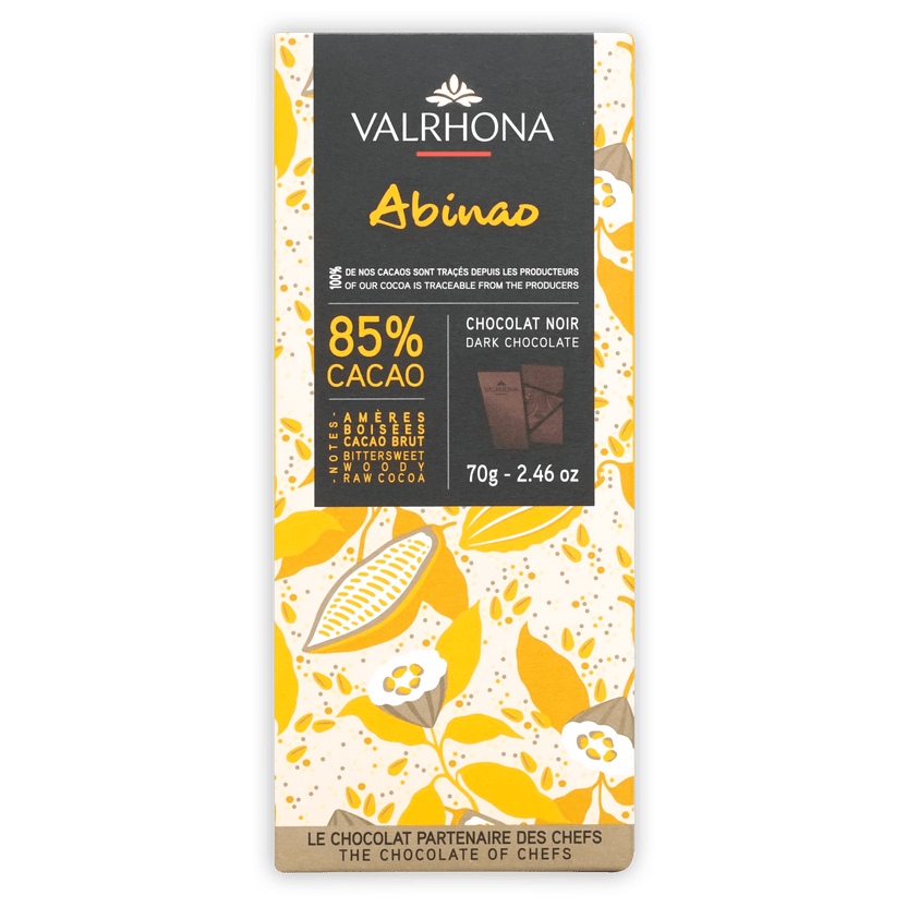 Valrhona Grand Cru Abinao 85% dark chocolate bar in yellow foil