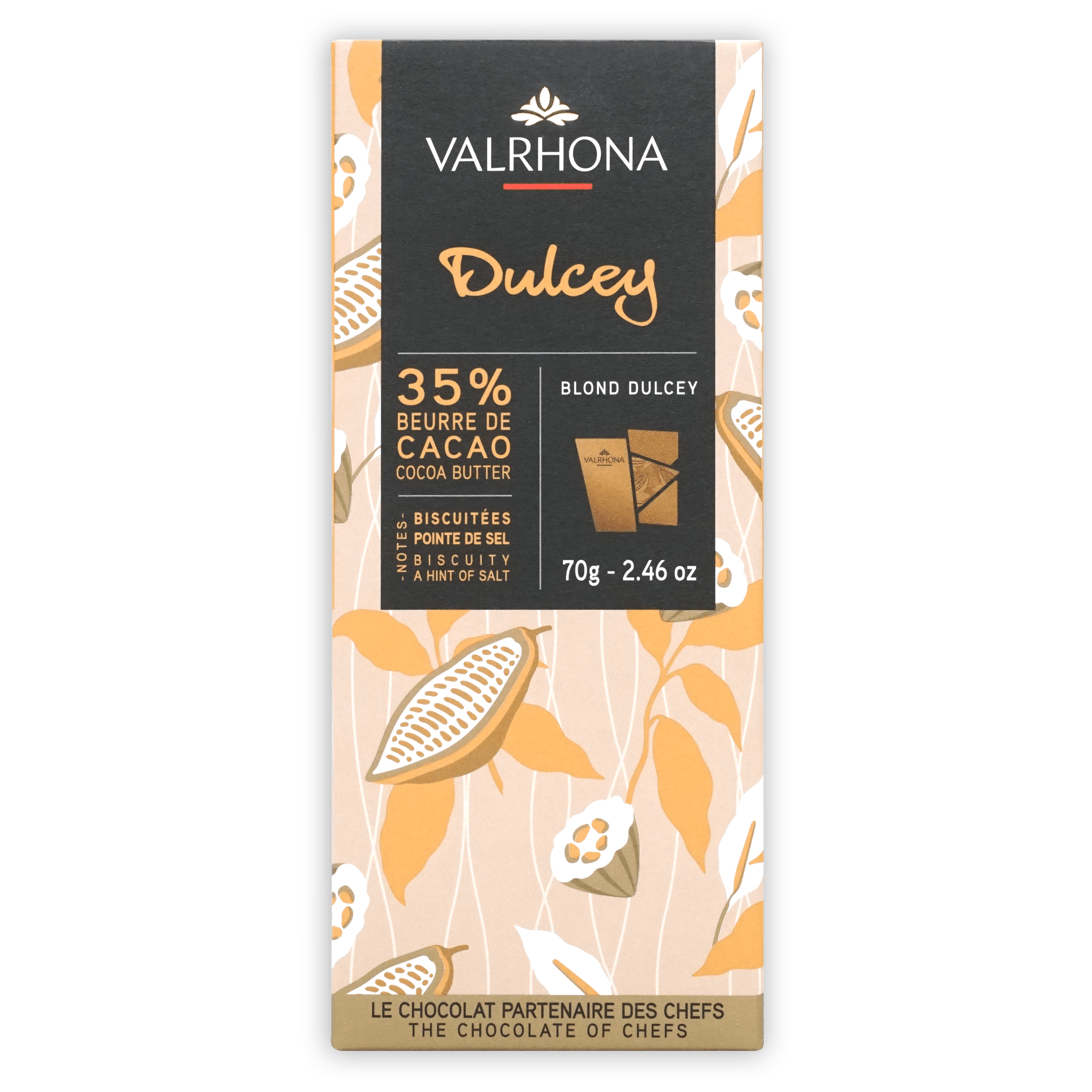 Valrhona Grand Cru Dulcey Blond 35% chocolate bar with salt, elegant wrapper