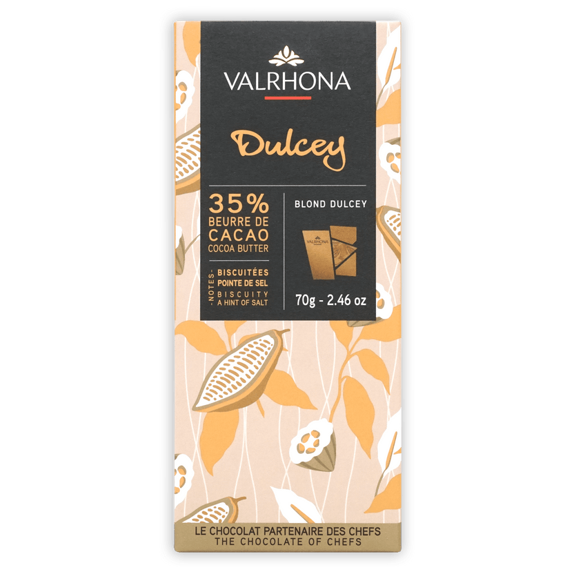 Valrhona Grand Cru Dulcey Blond 35% chocolate bar with salt, elegant wrapper