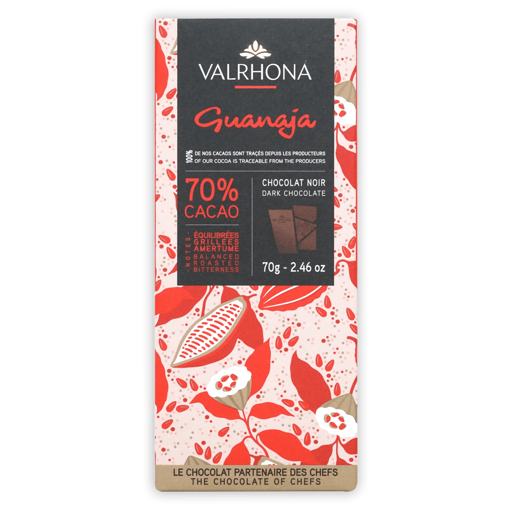 Valrhona Grand Cru Guanaja 70% dark chocolate bar with floral wrapper