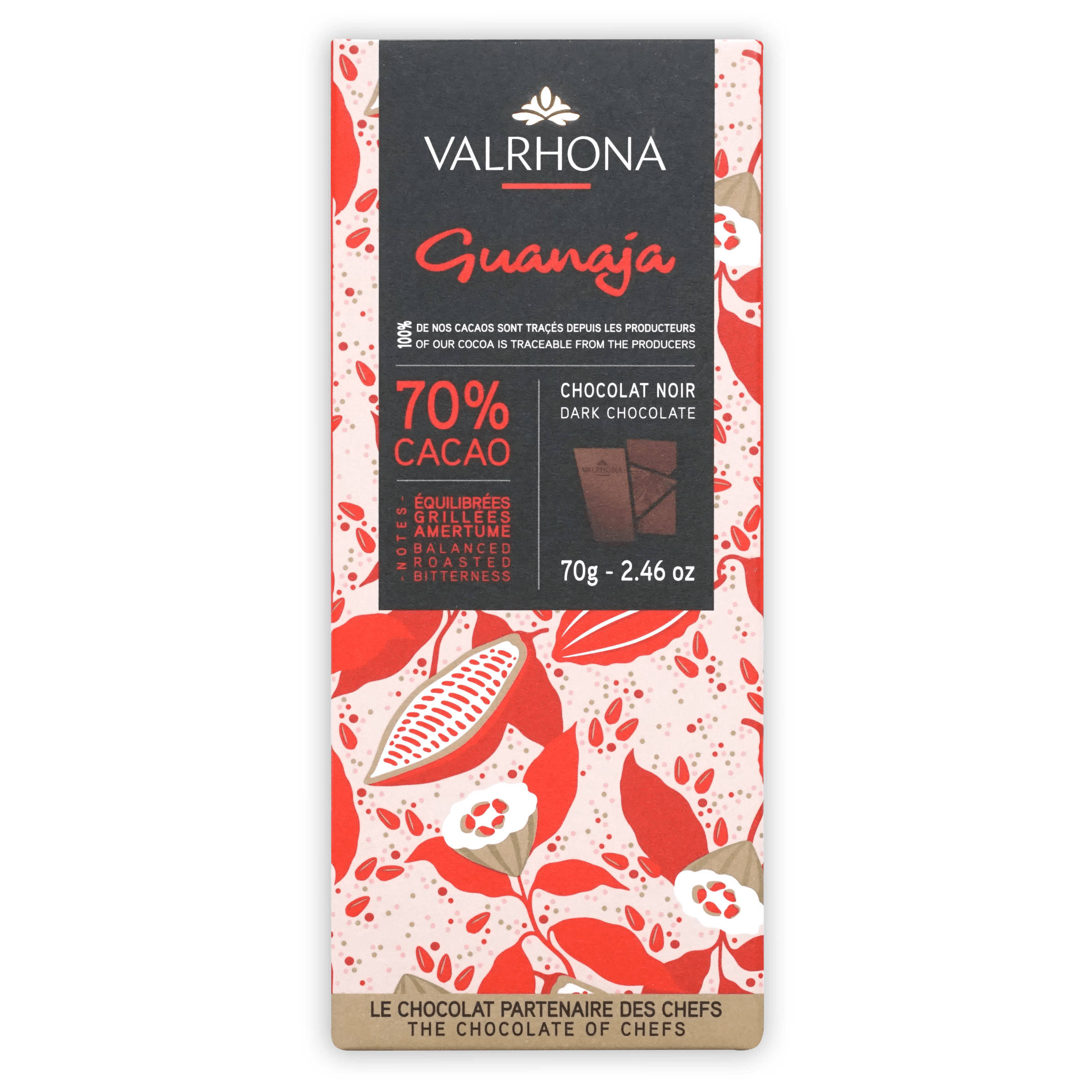 Valrhona Grand Cru Guanaja 70% dark chocolate bar with floral wrapper