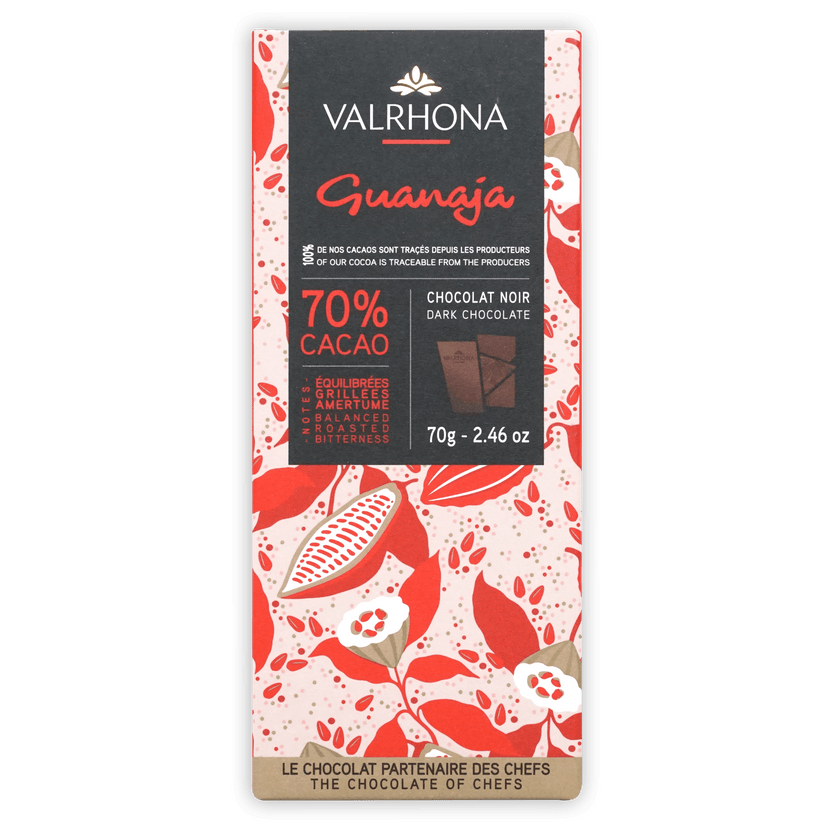 Valrhona Grand Cru Guanaja 70% dark chocolate bar with floral wrapper