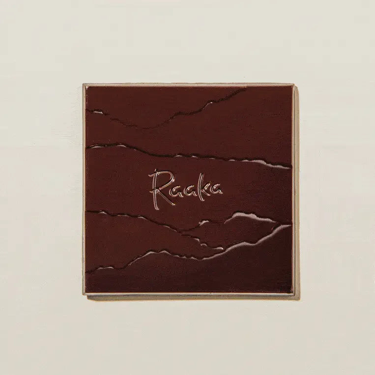 Raaka Vanilla Waffle Cone 61% dark brown chocolate bar with silver logo