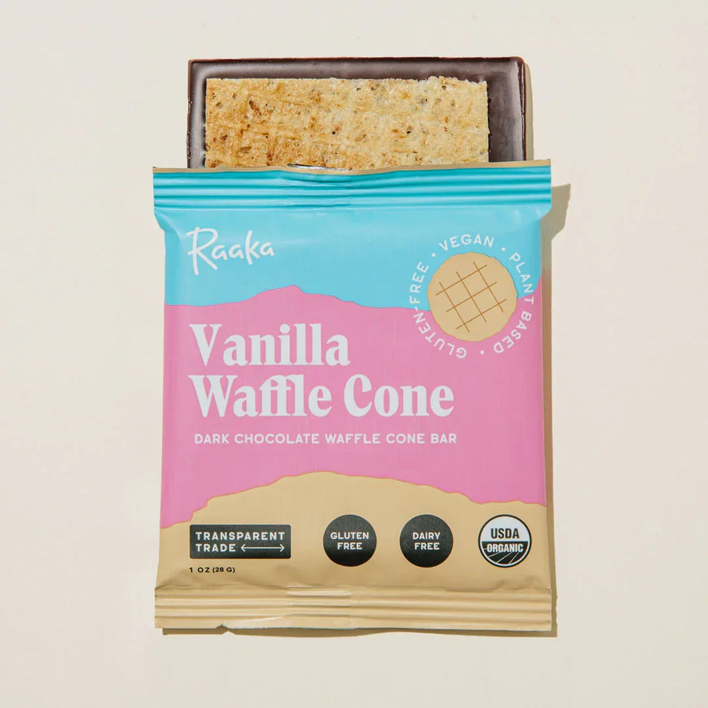 Raaka Vanilla Waffle Cone 61% bar in pink teal pack with seeds