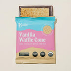 Raaka Vanilla Waffle Cone 61% bar in pink teal pack with seeds