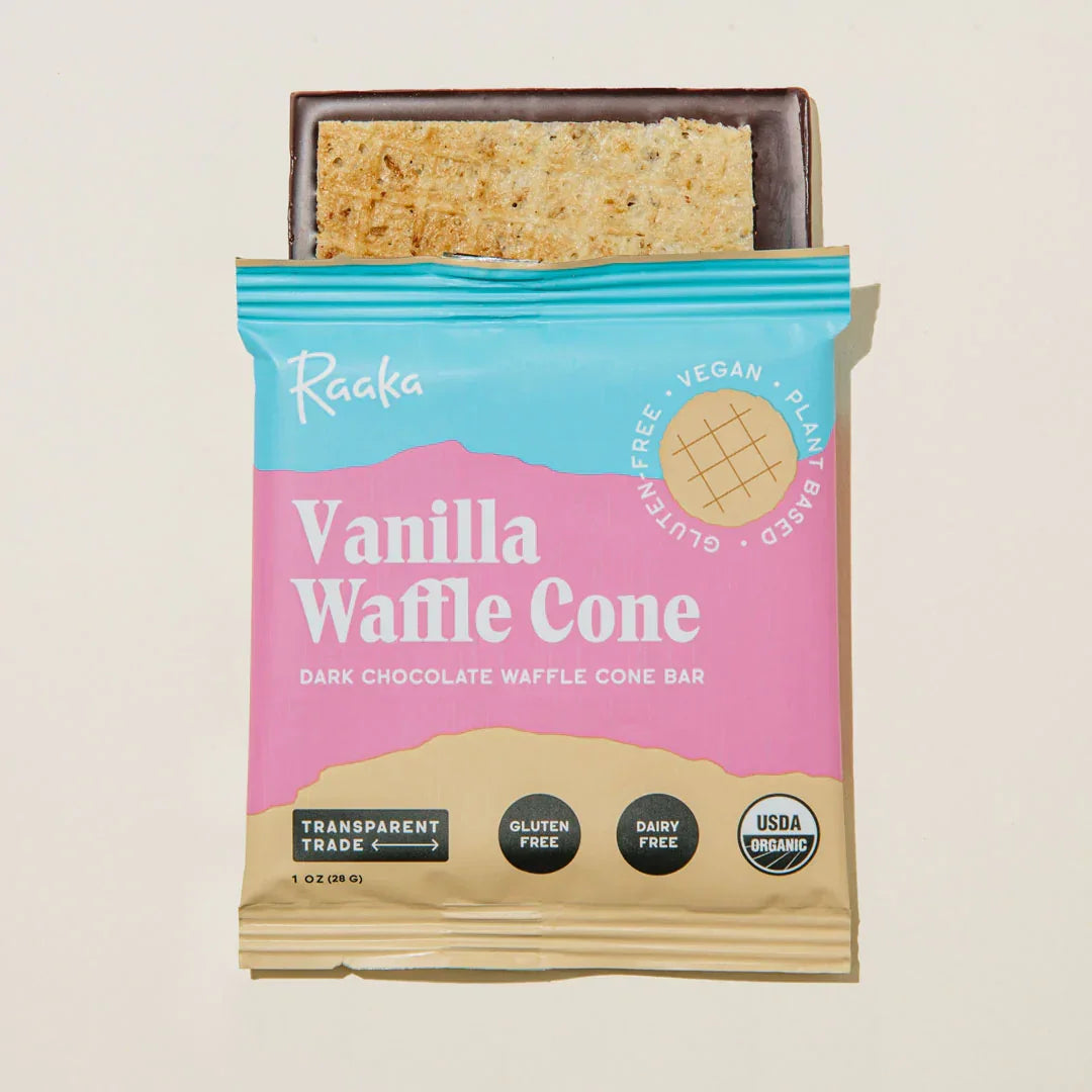 Raaka Vanilla Waffle Cone 61% bar in pink teal pack with seeds
