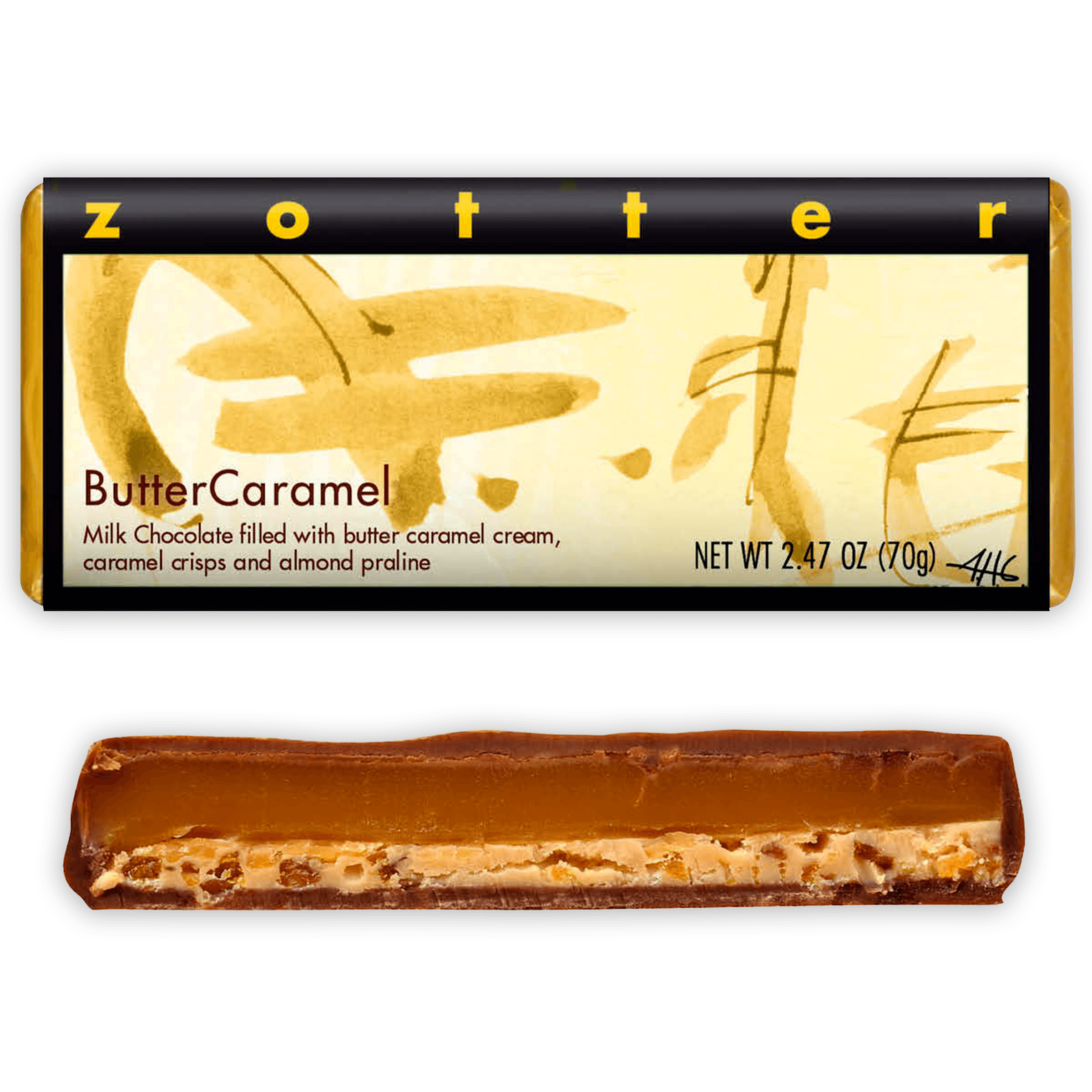 Zotter Butter Caramel 50% filled chocolate bar with golden wrapper
