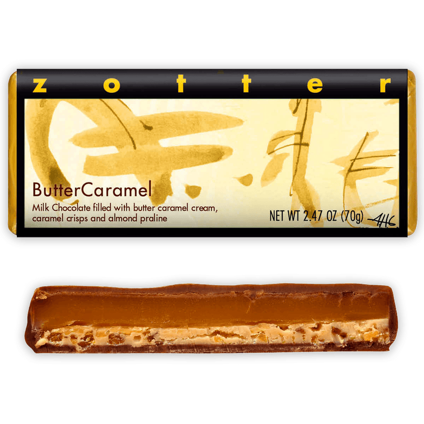 Zotter Butter Caramel 50% filled chocolate bar with golden wrapper