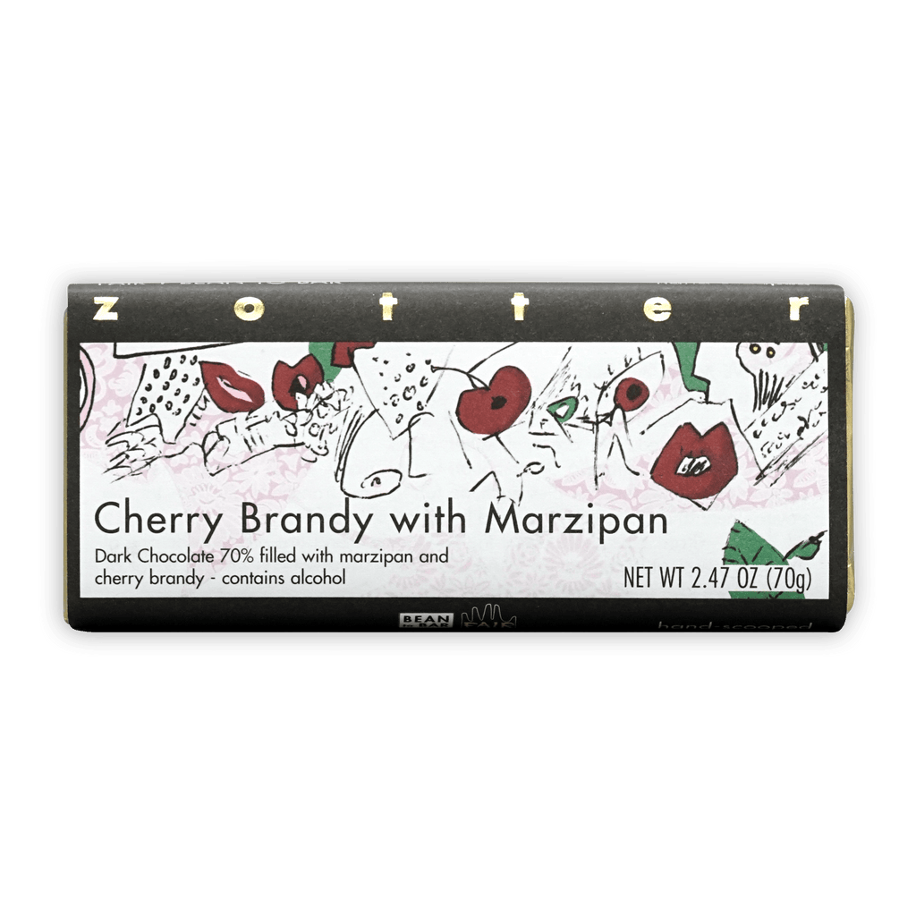 Zotter Cherry Brandy with Marzipan dark chocolate bar wrapper
