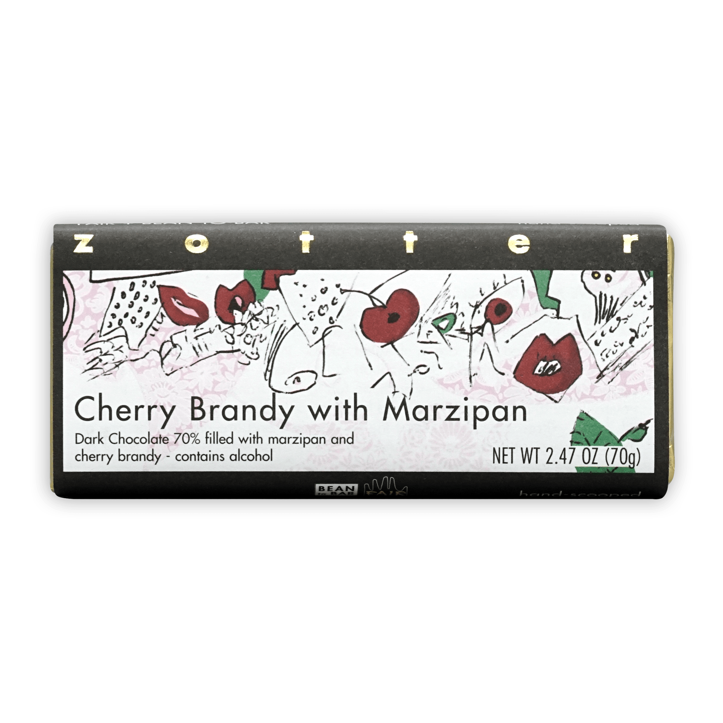 Zotter Cherry Brandy with Marzipan dark chocolate bar wrapper