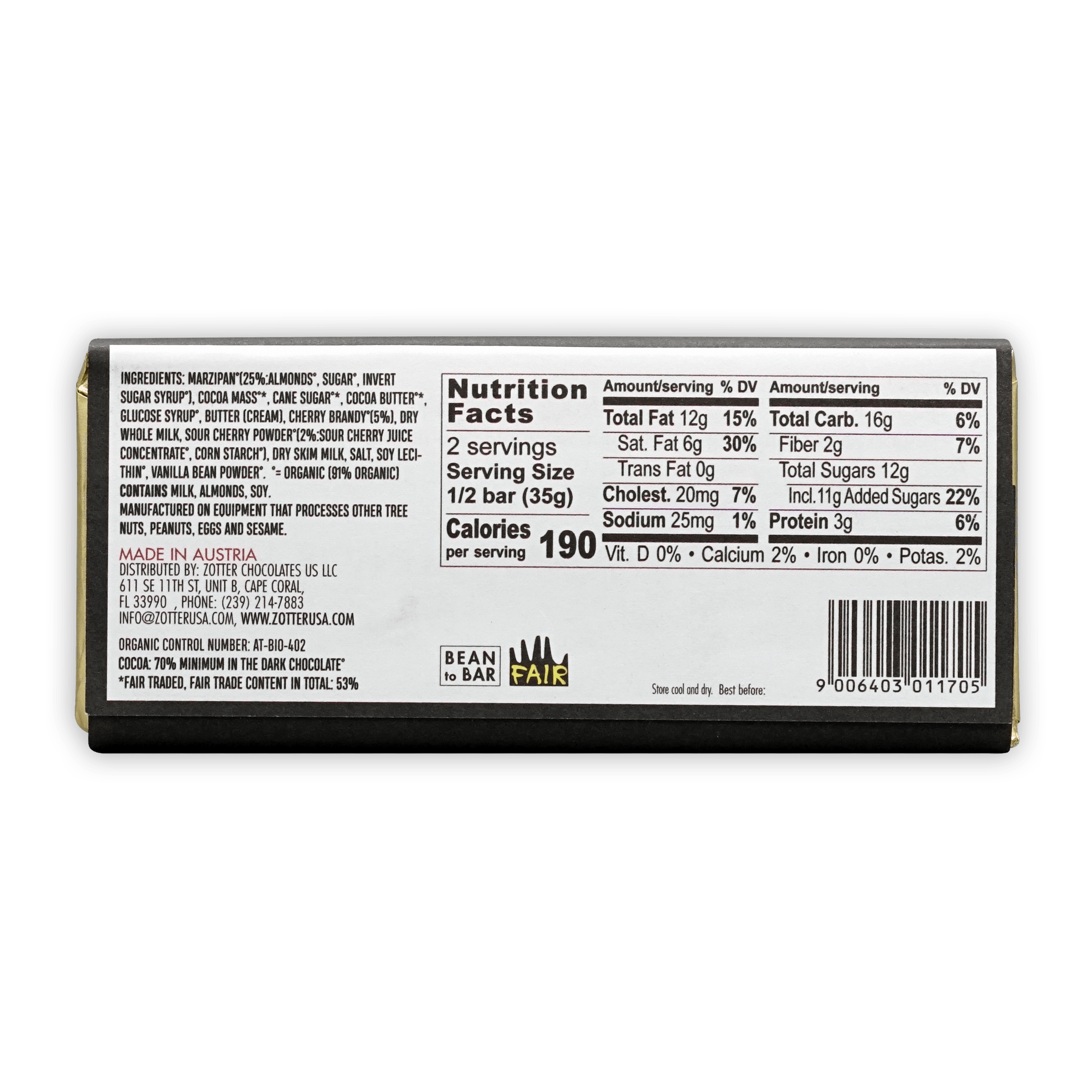 Back of Zotter Cherry Brandy w/ Marzipan filled bar: white-gold wrapper, black nutrition label, bean to bar fair logo