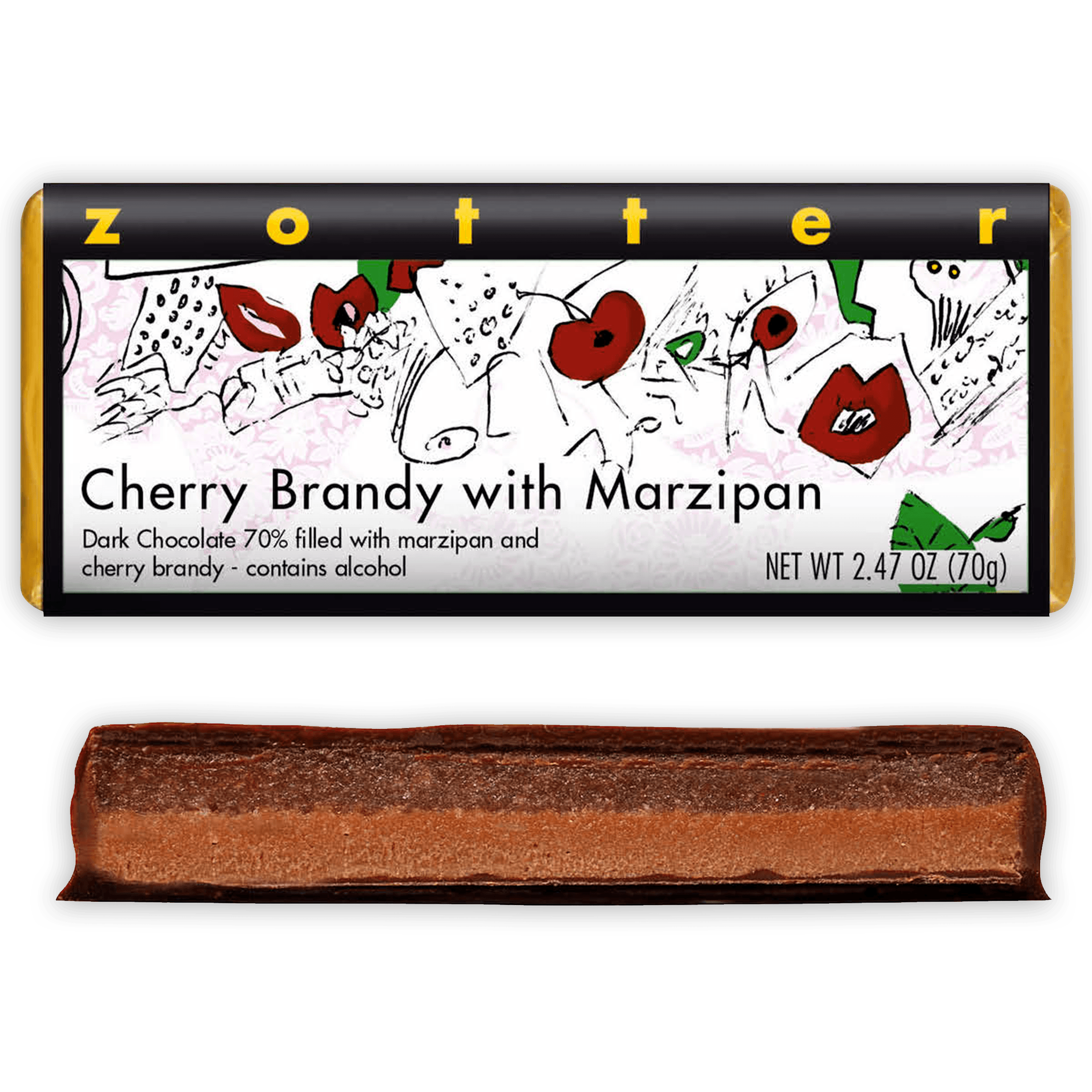 Zotter Cherry Brandy with Marzipan dark chocolate bar in golden wrapper