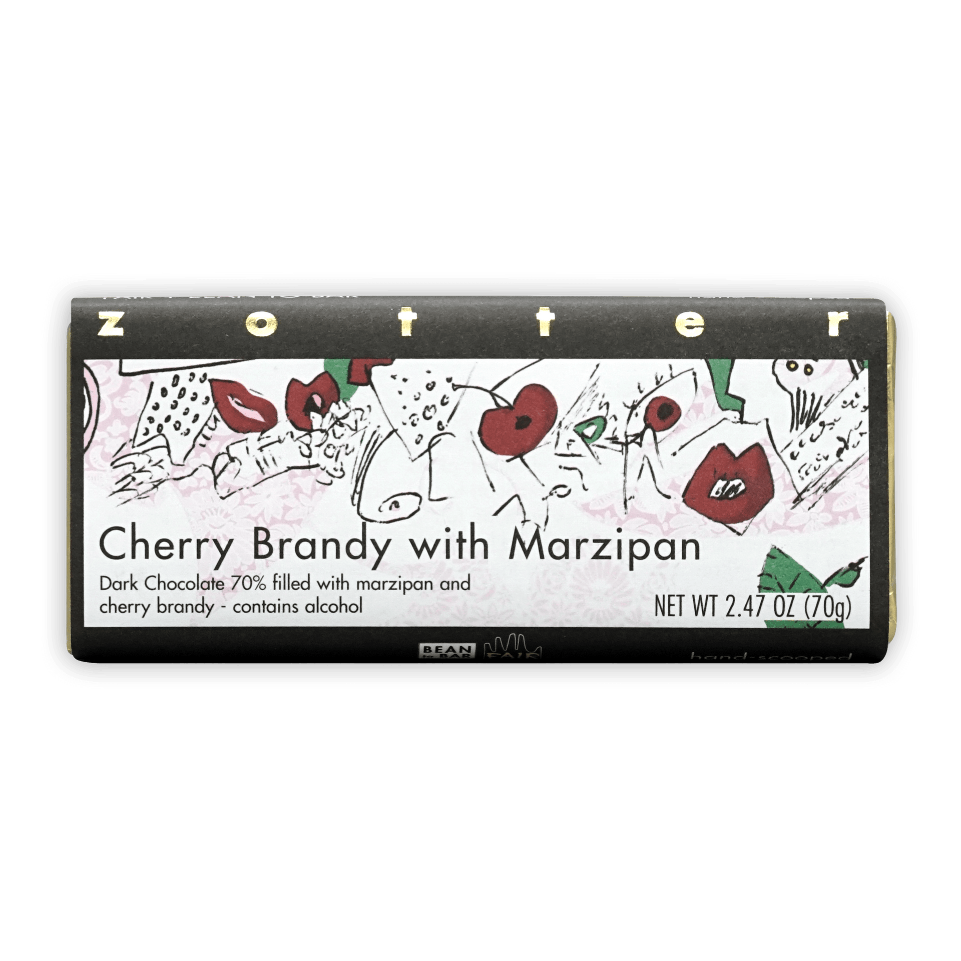 Zotter Cherry Brandy with Marzipan dark chocolate bar wrapper