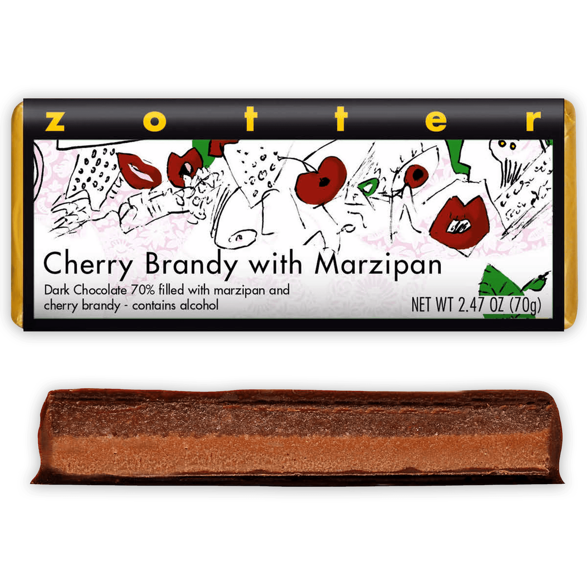 Zotter Cherry Brandy with Marzipan dark chocolate bar in golden wrapper