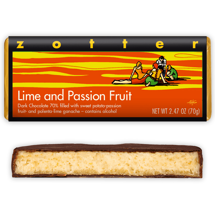 Zotter Lime & Passion Fruit 70% dark chocolate bar with ganache filling