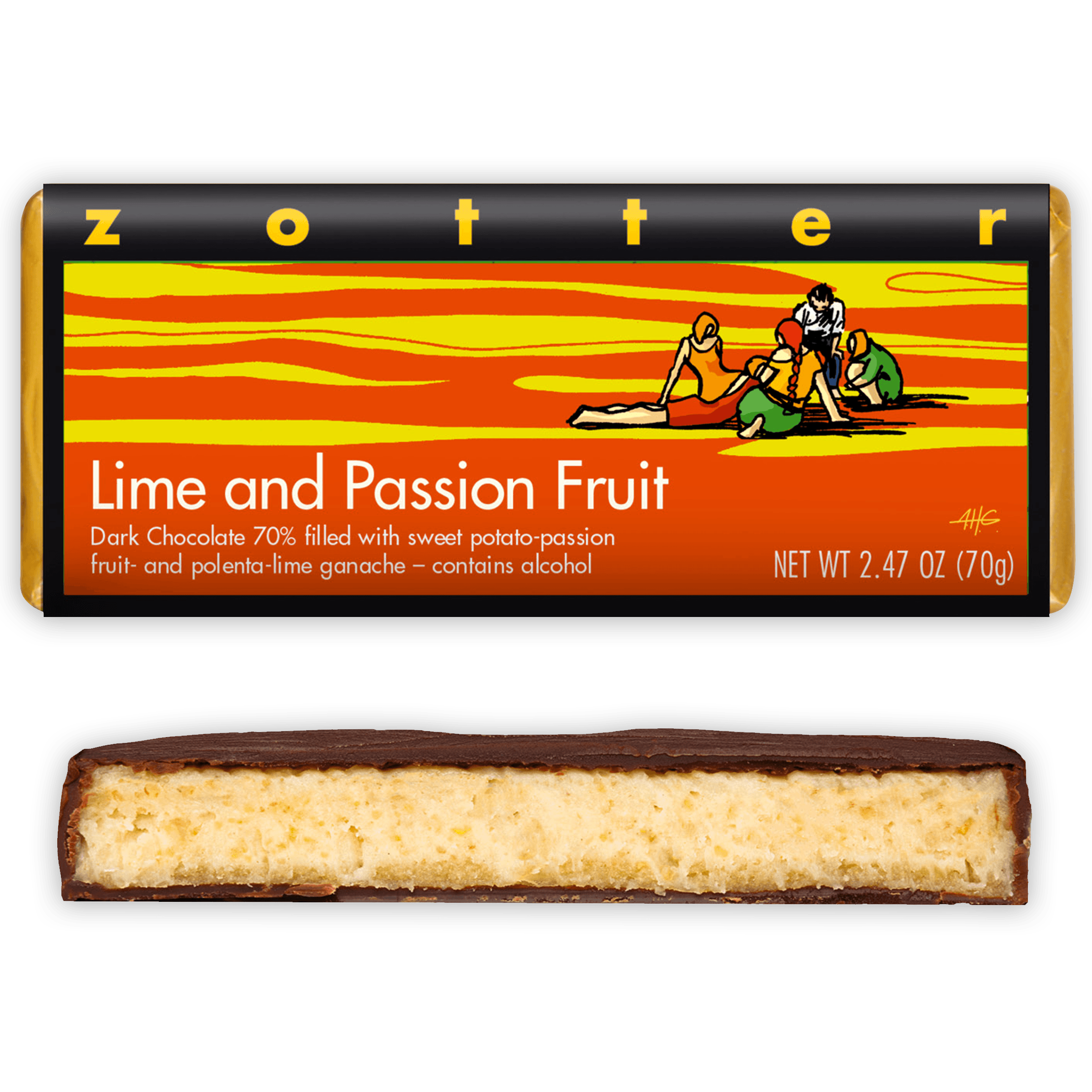 Zotter Lime & Passion Fruit 70% dark chocolate bar with ganache filling
