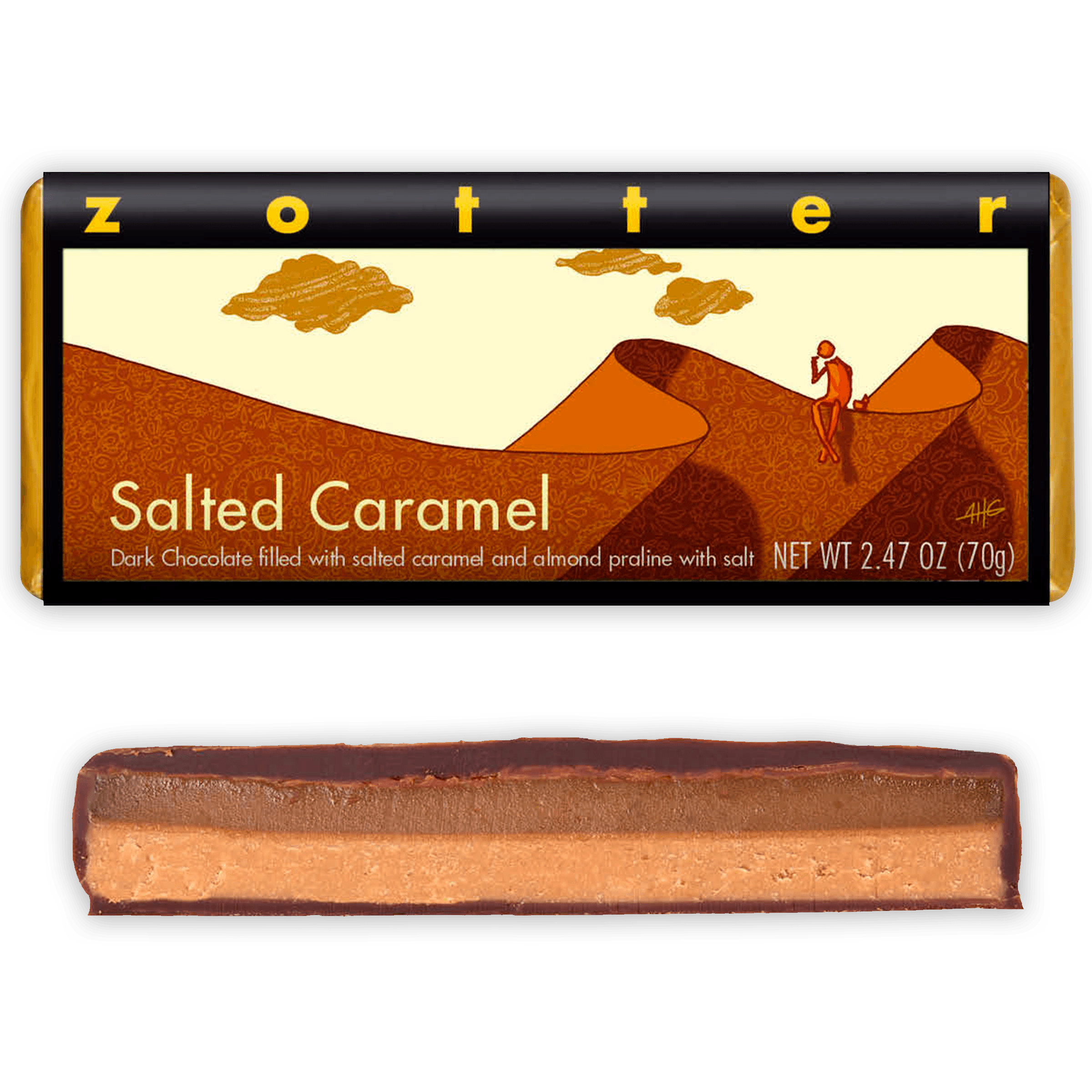 Zotter Salted Caramel 70% filled bar with dark chocolate, salted caramel and almond praline layers