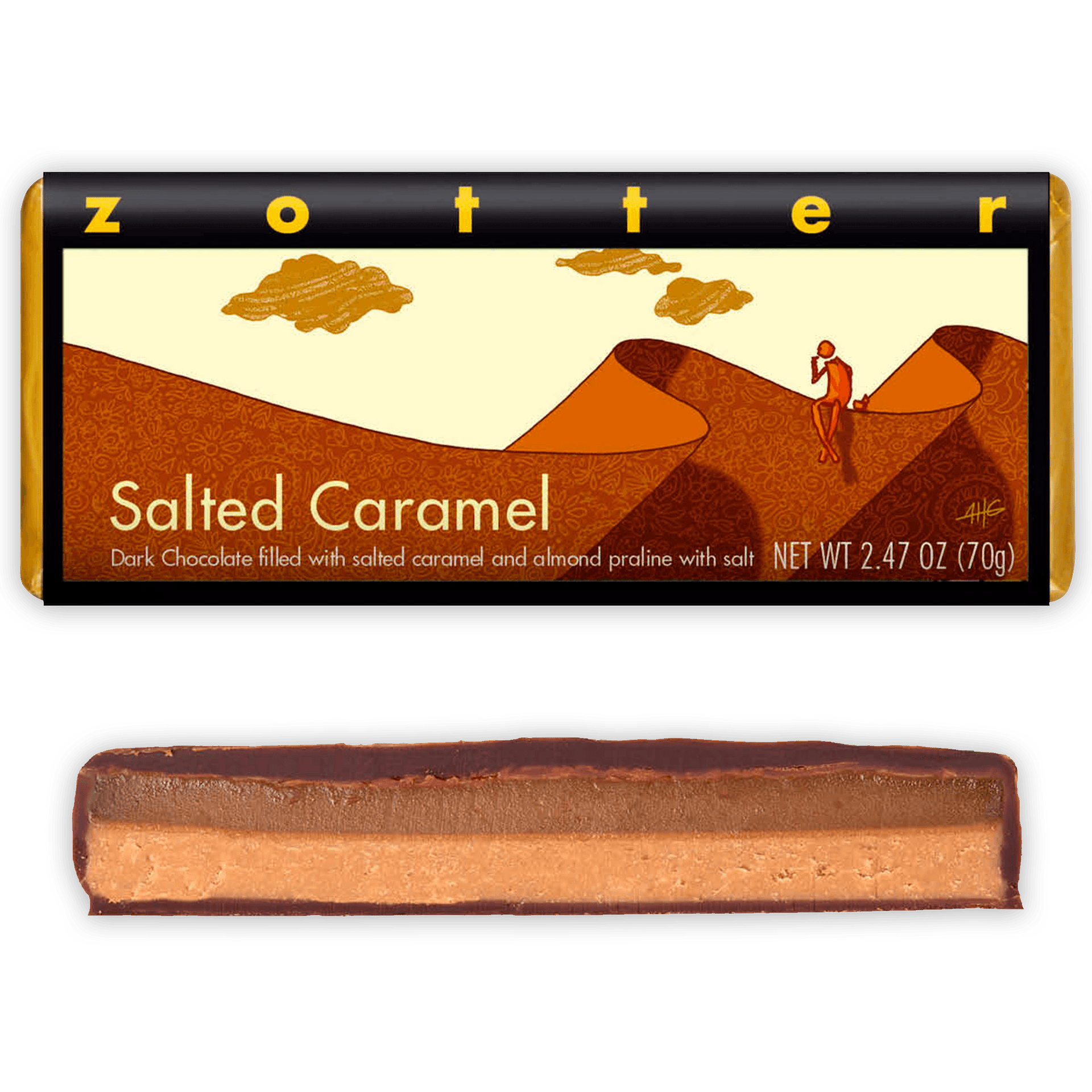 Zotter Salted Caramel 70% filled bar with dark chocolate, salted caramel and almond praline layers