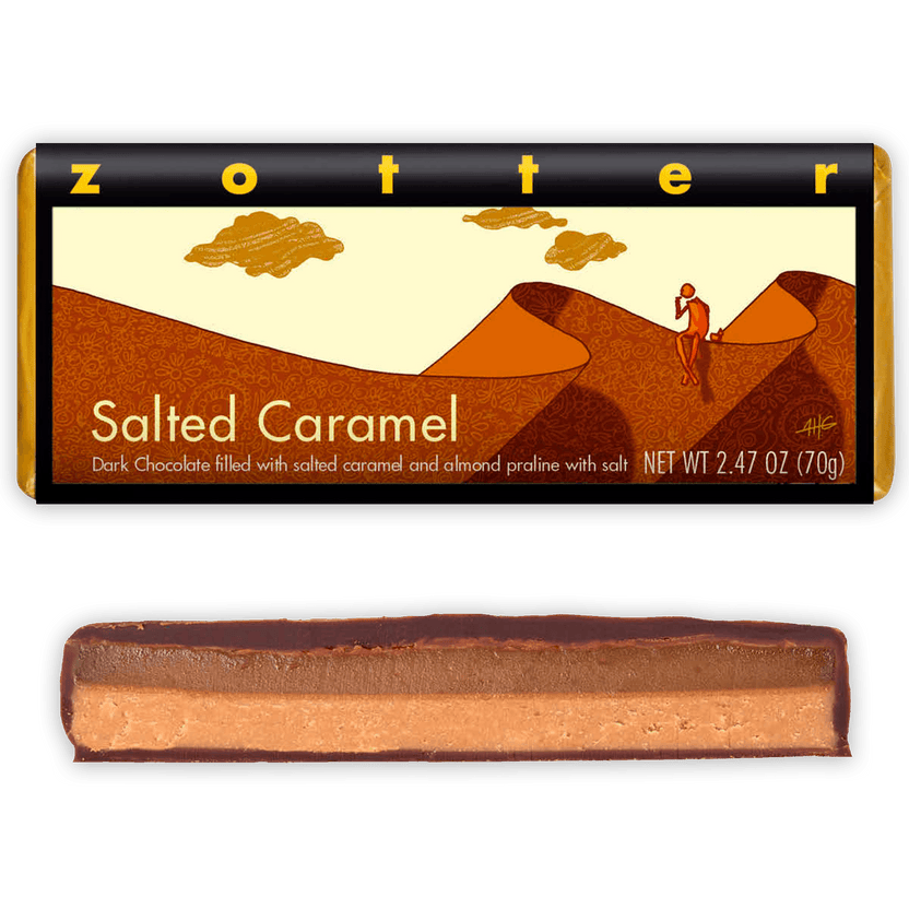 Zotter Salted Caramel 70% filled bar with dark chocolate, salted caramel and almond praline layers