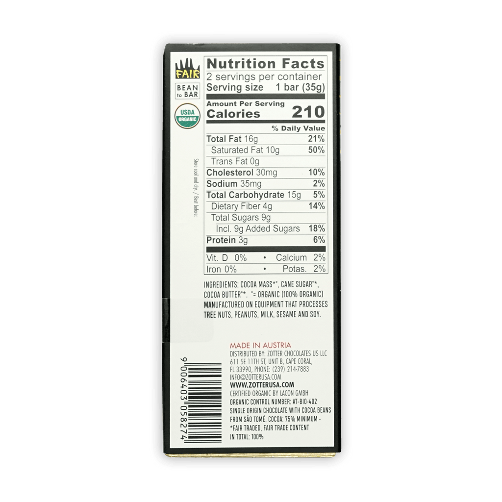 Back of Labooko Sao Tome 75% fair trade organic chocolate bar wrapper