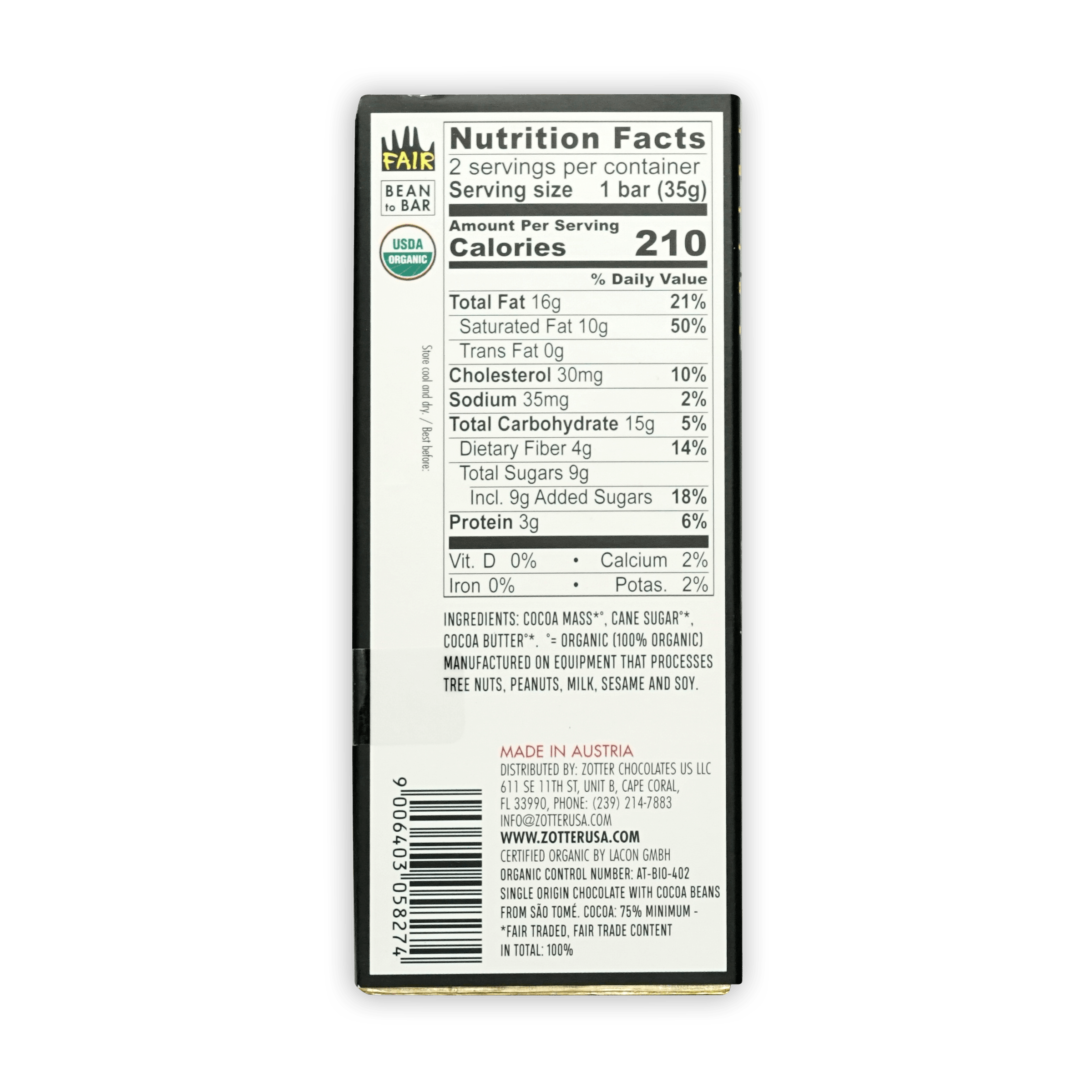 Back of Labooko Sao Tome 75% fair trade organic chocolate bar wrapper