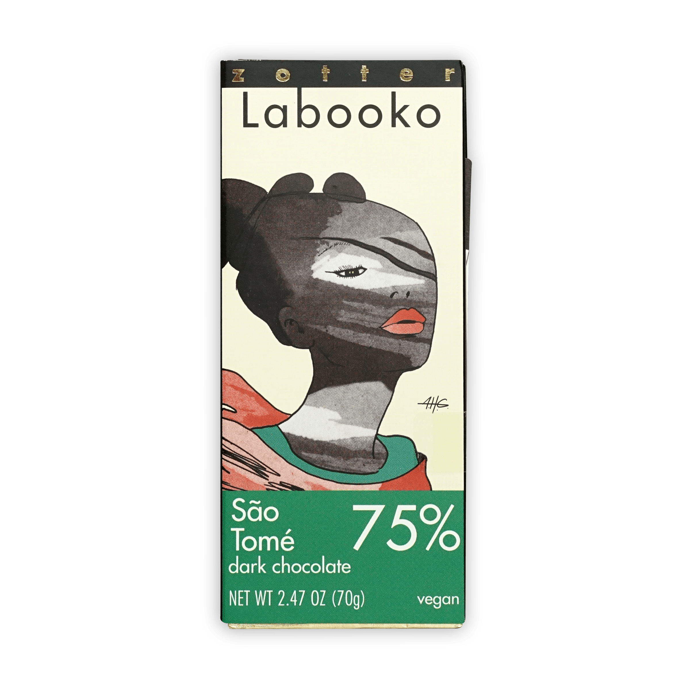 Labooko Sao Tome 75% dark chocolate bar in sleek packaging