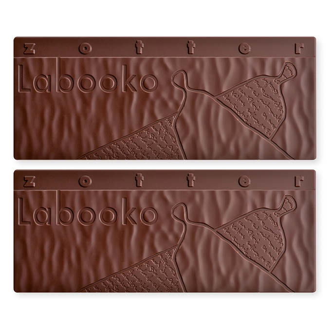 Labooko Sao Tome 75% dark chocolate bars with embossed dress design