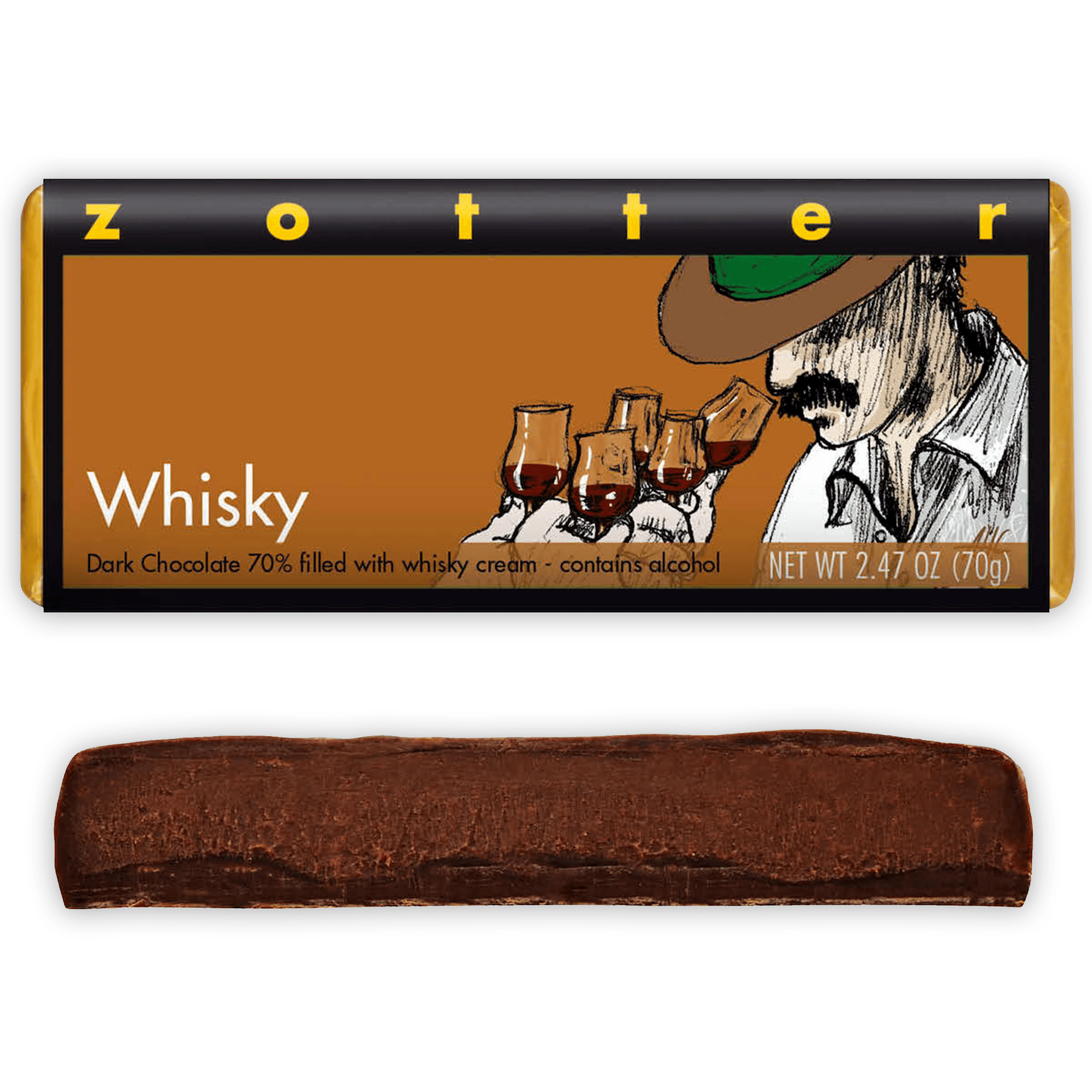 Zotter Whisky 70% dark chocolate bar with whisky cream filling