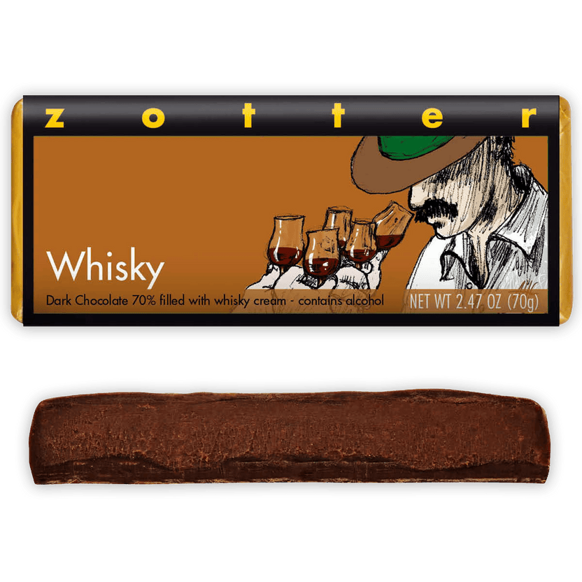 Zotter Whisky 70% dark chocolate bar with whisky cream filling