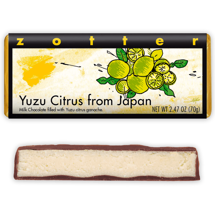 Zotter Yuzu Citrus 50% milk chocolate bar with vibrant wrapper